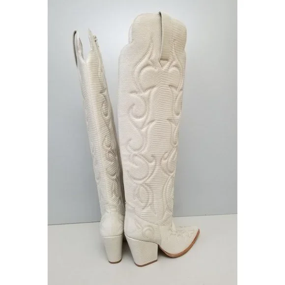 Free People Deja Over-the-Knee Boots Cream Faux Lizard Size 7 - Picture 3 of 5